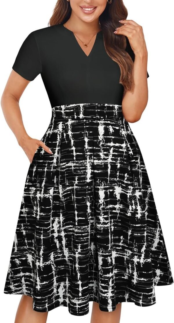 Womens Elegant Print Notched Neck Slant Pocket Pleated Hem Casual A-Line Dress