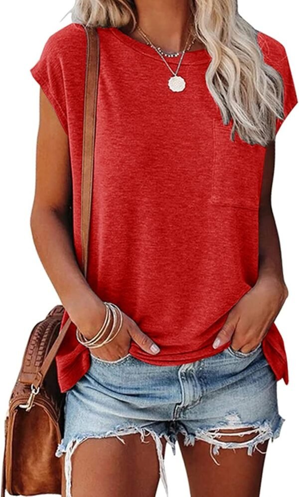 Womens Summer Short Cap Sleeve Shirts Solid Loose Fit Pocket Tunic Tops