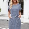 Women's Summer Striped Short Sleeve T Shirt Dress Casual Tie Waist with Pockets
