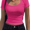 Women's Short Sleeve T Shirts Casual Summer Basic Scoop Neck Slim Fit Rib Knit Business Work Tee Tops