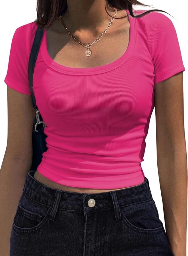Women's Short Sleeve T Shirts Casual Summer Basic Scoop Neck Slim Fit Rib Knit Business Work Tee Tops