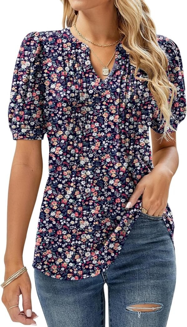 81-ZDZFGGEL._AC_SL1500.jpg V Neck Puff Short Sleeve Pleated T Shirts for Women Fashion Summer Tops Casual Tunic Blouse