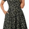 Womens Elegant Print Notched Neck Slant Pocket Pleated Hem Casual A-Line Dress