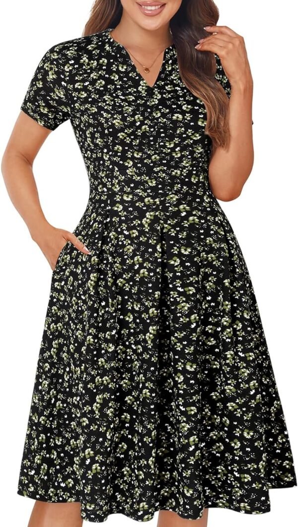 Womens Elegant Print Notched Neck Slant Pocket Pleated Hem Casual A-Line Dress