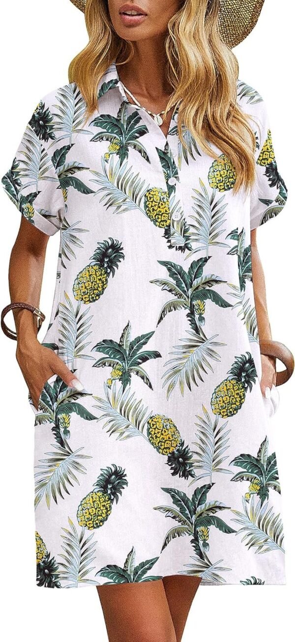 Womens Cotton Shirt Dress Summer Casual Short Sleeve Button Down Beach Cover Up Shirts with Pockets