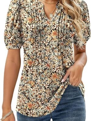 V Neck Puff Short Sleeve Pleated T Shirts for Women Fashion Summer Tops Casual Tunic Blouse