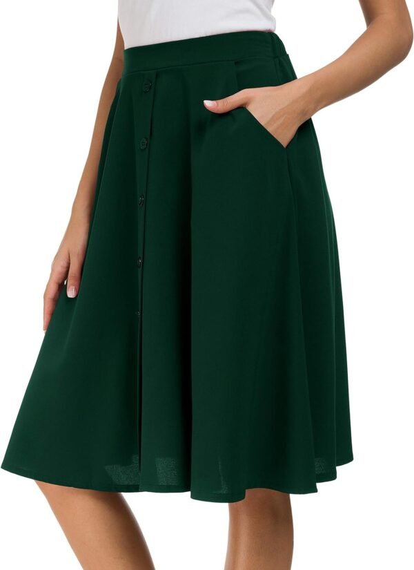 Womens High Waisted A Line Pleated Midi Skirt Button Front Skirts with Pocket