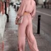 Women's 2 Piece Lounge Set Satin Outfits 2023 Spring Casual Long Puff Sleeve Crop Tops Loose Wide Long Palazzo Pants