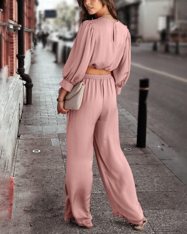 Women's 2 Piece Lounge Set Satin Outfits 2023 Spring Casual Long Puff Sleeve Crop Tops Loose Wide Long Palazzo Pants