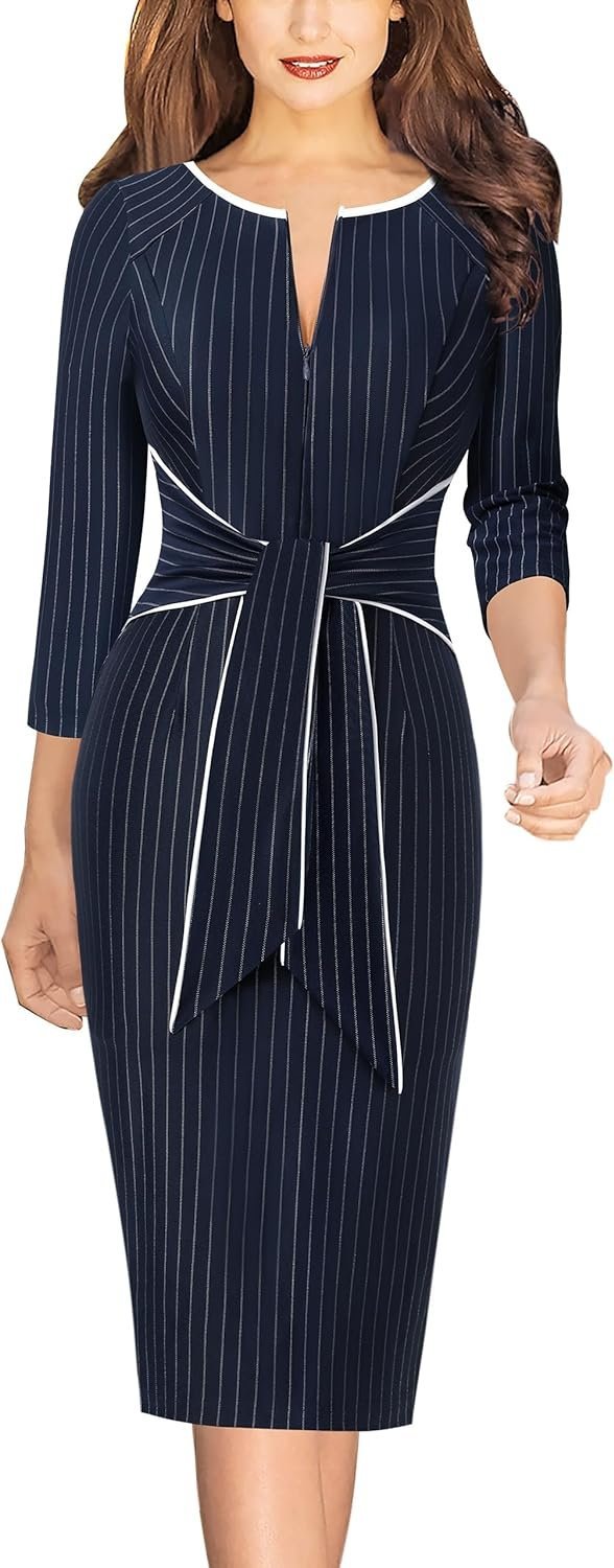 Womens Front Zipper Tie Waist Slim Work Business Office Bodycon Pencil Dress