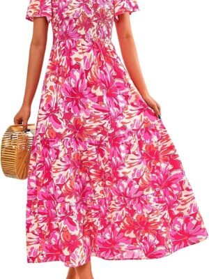 Women's Summer Casual Flutter Short Sleeve Boho Floral Maxi Dress Crew Neck Smocked Tiered Long Dresses, X-rose Red, Large