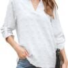 818VTPhECxL._AC_SL1500.jpg Womens White Chiffon Blouses Short Sleeve V Neck Shirts Summer Casual Polka Dot Tops