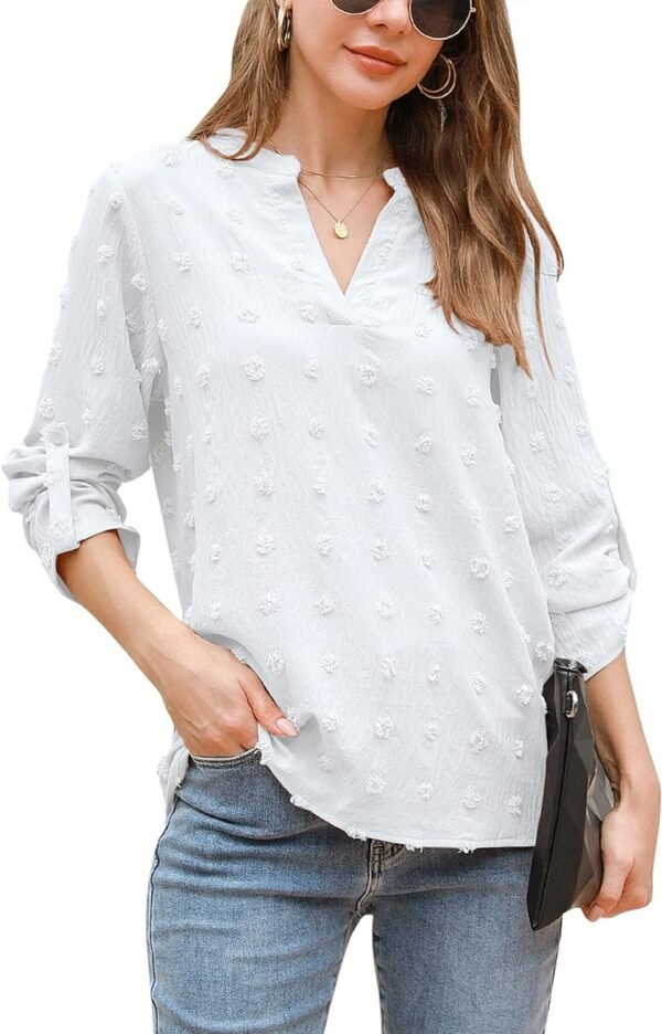 818VTPhECxL._AC_SL1500.jpg Womens White Chiffon Blouses Short Sleeve V Neck Shirts Summer Casual Polka Dot Tops
