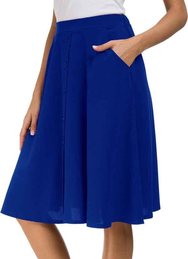 Womens High Waisted A Line Pleated Midi Skirt Button Front Skirts with Pocket