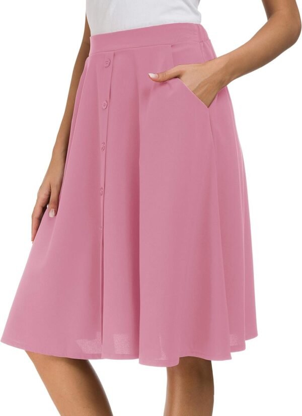 Womens High Waisted A Line Pleated Midi Skirt Button Front Skirts with Pocket