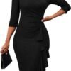 Women's Sequin Sparkly Glitter Party Club Dress Crew Neck 3/4 Sleeve Ruffle Ruched Cocktail Bodycon Midi Dress