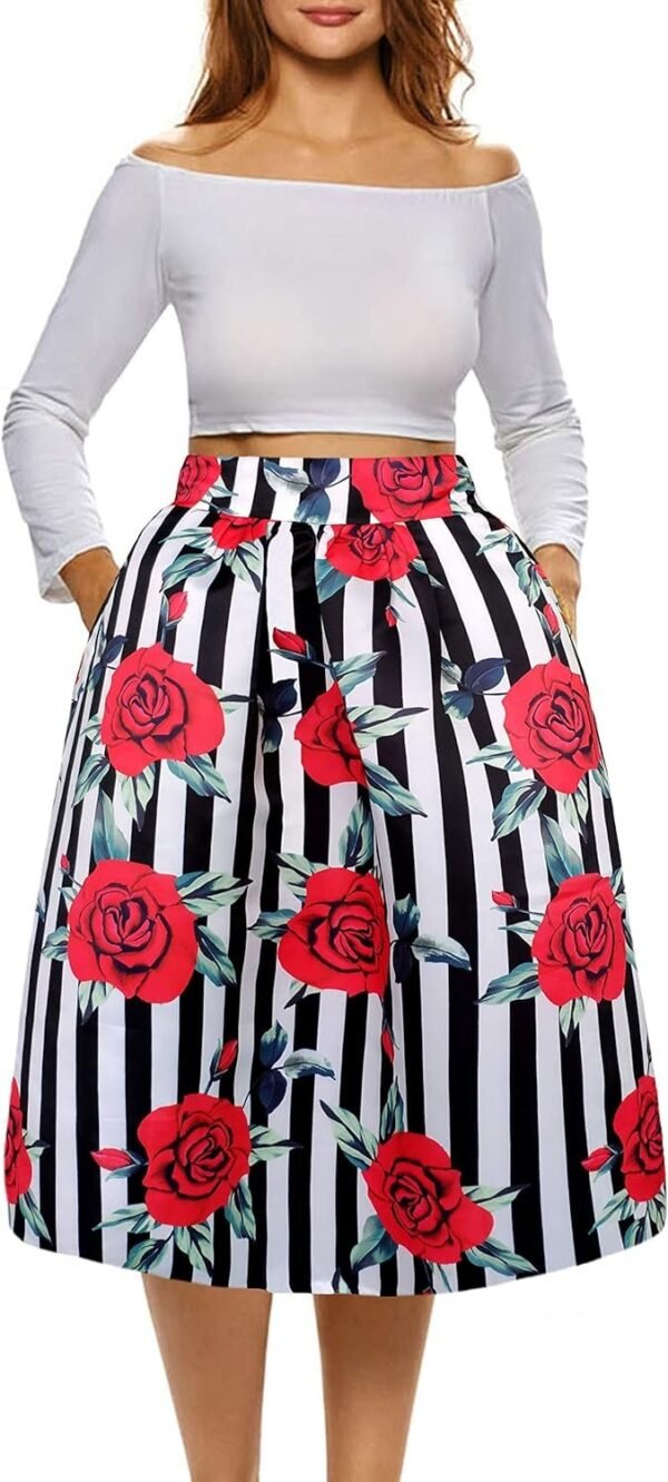 Womens African Print Skirt Boho Flare Pleated Midi Skirt with Pockets