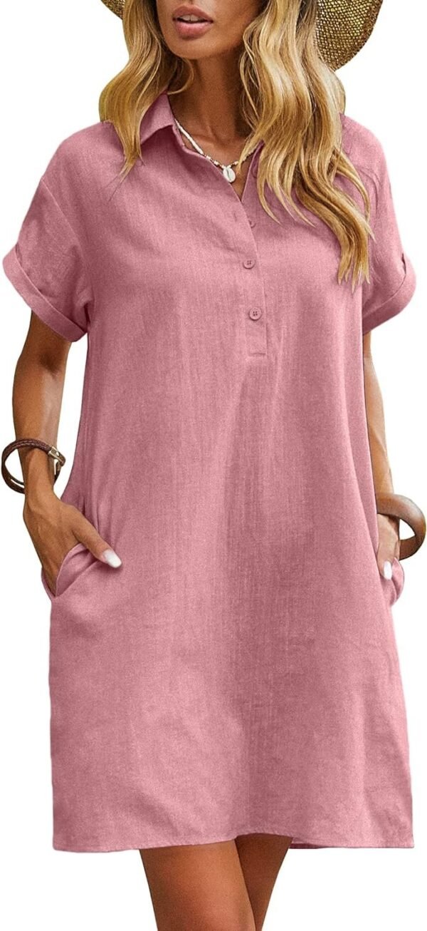 Womens Cotton Shirt Dress Summer Casual Short Sleeve Button Down Beach Cover Up Shirts with Pockets