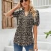 Womens V Neck Puff Short Sleeve Pleated T Shirts Fashion Summer Tops Casual Tunic Blouse, Floral Black, Medium
