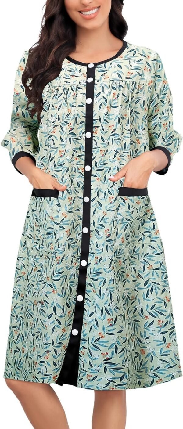 Women House Dress Snap Front Nightgown 3/4 Sleeve Housecoat Duster Robe with Pockets Moomoo Patio Dress