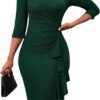 Women's Sequin Sparkly Glitter Party Club Dress Crew Neck 3/4 Sleeve Ruffle Ruched Cocktail Bodycon Midi Dress