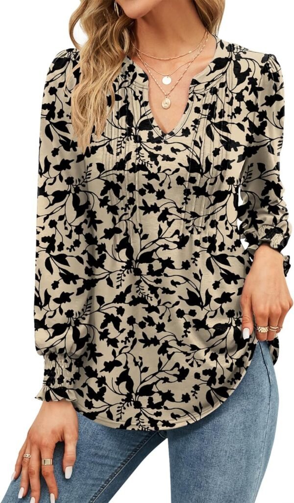 81Ffl6BncAL._AC_SL1500.jpg V Neck Puff Short Sleeve Pleated T Shirts for Women Fashion Summer Tops Casual Tunic Blouse