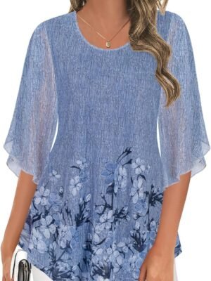 Women's Tops 3/4 Sleeve Blouses Dressy Casual Double Layers Mesh Tunic Shirts