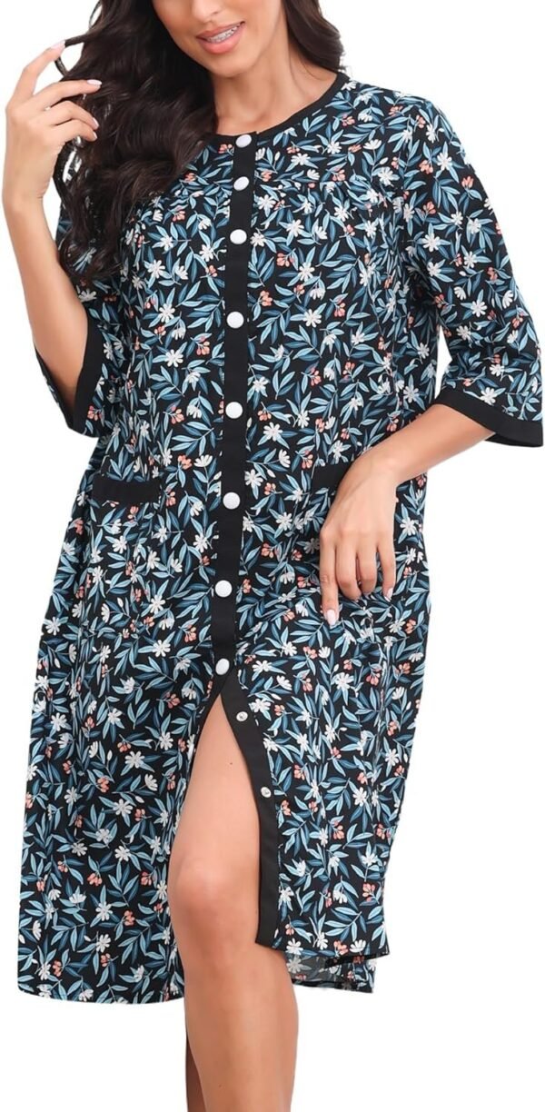 Women House Dress Snap Front Nightgown 3/4 Sleeve Housecoat Duster Robe with Pockets Moomoo Patio Dress