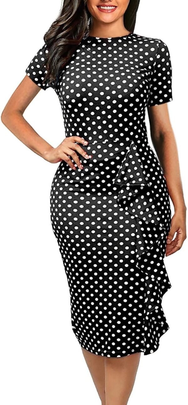 Women's Vintage Short Sleeve Polka Dot Falbala Fold Slim Fit Pencil Dress