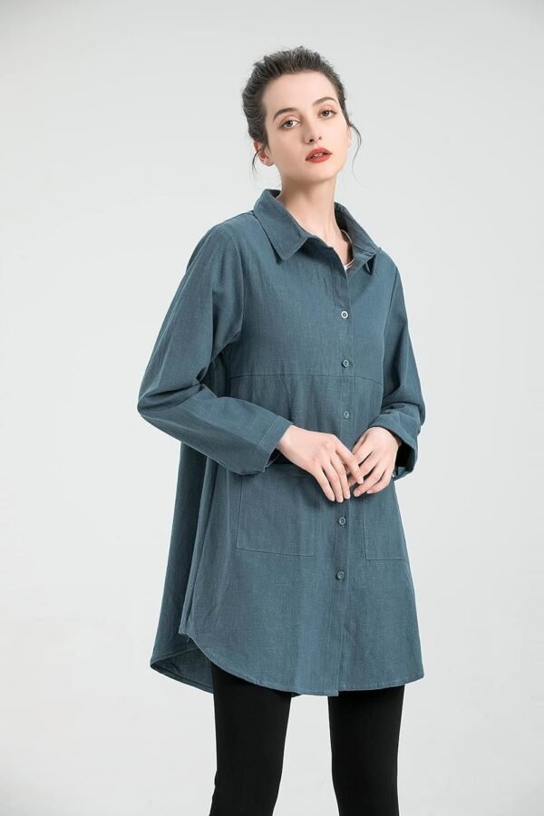 Women's Linen Shirts Button Down Long Tunic Tops Plus Size Blouse with Pockets
