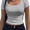 Women's Short Sleeve T Shirts Casual Summer Basic Scoop Neck Slim Fit Rib Knit Business Work Tee Tops