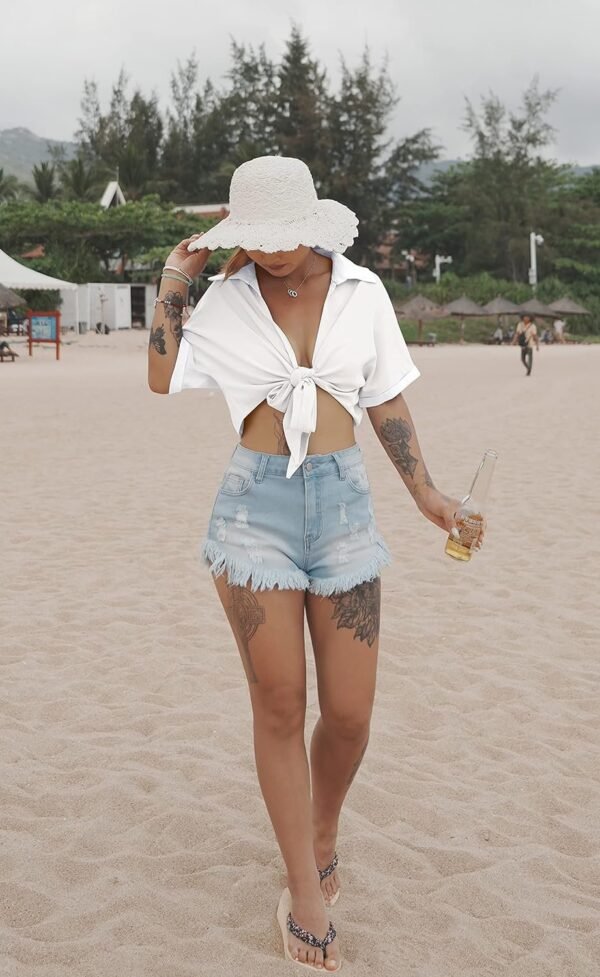 Womens Summer Short Sleeve Shirts V Neck Tie Knot Batwing Blouses Tops