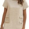 Women's Tweed Dress Short Sleeve Crew Neck A-line Party Vintage Mini Skirt Causal Dresses