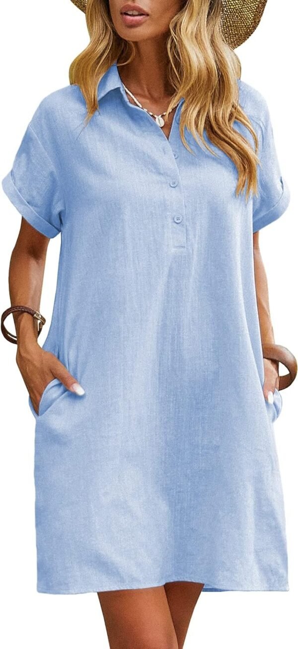 Womens Cotton Shirt Dress Summer Casual Short Sleeve Button Down Beach Cover Up Shirts with Pockets