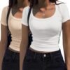 Women's Short Sleeve T Shirts Casual Summer Basic Scoop Neck Slim Fit Rib Knit Business Work Tee Tops