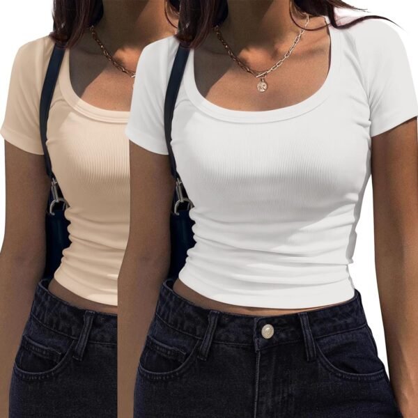 Women's Short Sleeve T Shirts Casual Summer Basic Scoop Neck Slim Fit Rib Knit Business Work Tee Tops