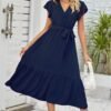 Women's Wrap V Neck Wedding Guest Dress Flutter Sleeve Swiss Dot A-Line Midi Summer Beach Dress