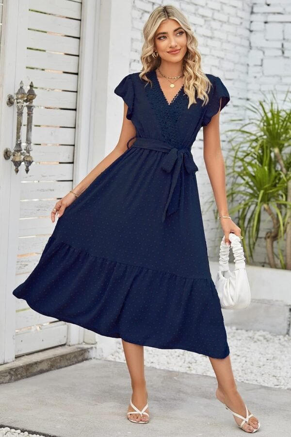 Women's Wrap V Neck Wedding Guest Dress Flutter Sleeve Swiss Dot A-Line Midi Summer Beach Dress