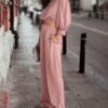 Women's 2 Piece Lounge Set Satin Outfits 2023 Spring Casual Long Puff Sleeve Crop Tops Loose Wide Long Palazzo Pants