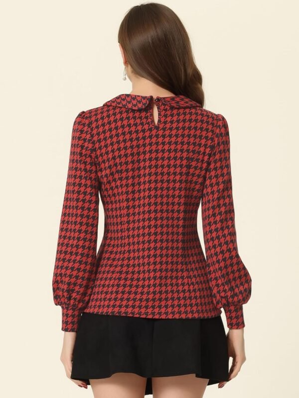 Women's Peter Pan Collar Shirt Fashion Puff Long Sleeve Houndstooth Plaid Blouse