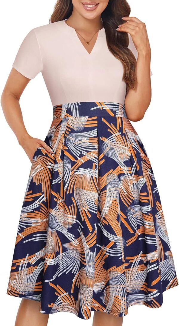 Womens Elegant Print Notched Neck Slant Pocket Pleated Hem Casual A-Line Dress