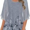 Women's Tops 3/4 Sleeve Blouses Dressy Casual Double Layers Mesh Tunic Shirts