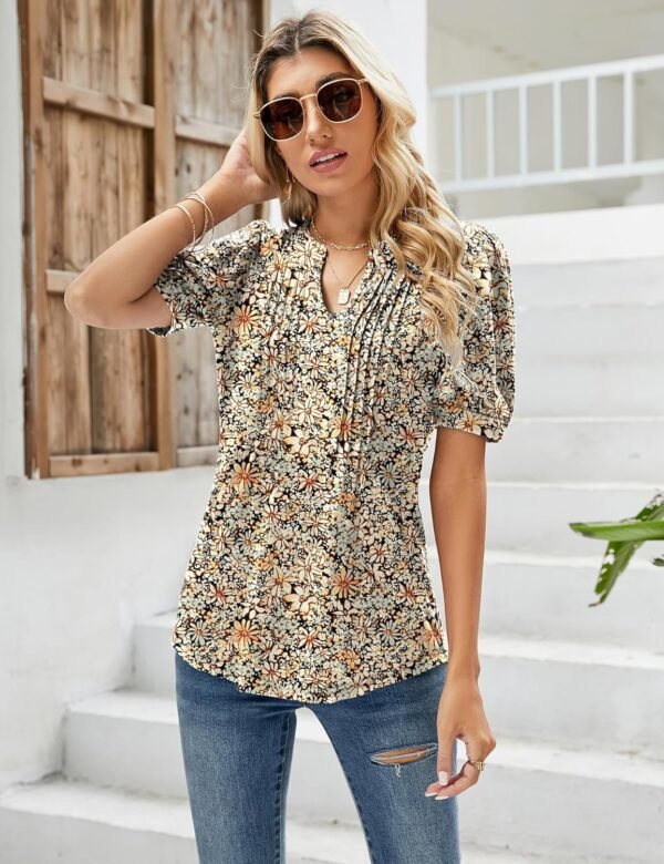 81SZc5foqHL._AC_SL1500.jpg V Neck Puff Short Sleeve Pleated T Shirts for Women Fashion Summer Tops Casual Tunic Blouse