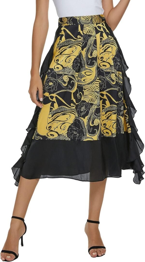Women's Vintage Printed High Waist A-Line Pleated Patchwork Midi Skirts
