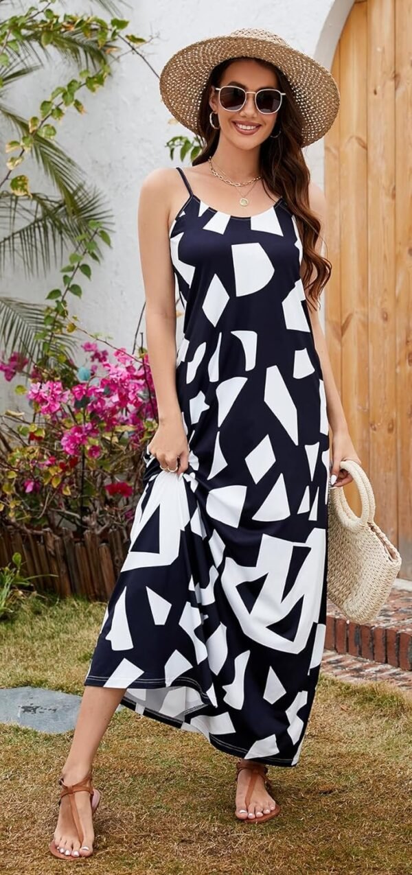 Women Summer Casual Bohemian Maxi Dress V-Neck Sleeveless Flowy Boho Floral Beach Long Dress with Pockets