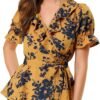 Women's Wrap Peplum Top Blouse Tie Waist Short Sleeve Ruffle Floral V Neck Belted Shirts