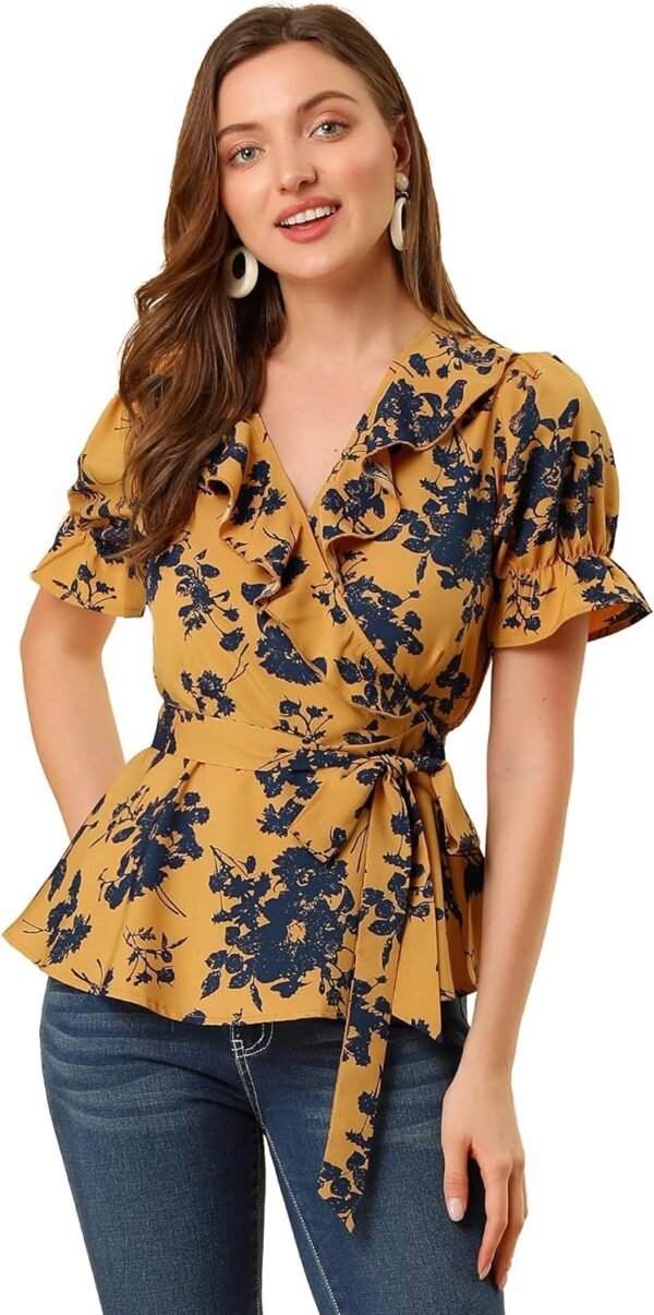 Women's Wrap Peplum Top Blouse Tie Waist Short Sleeve Ruffle Floral V Neck Belted Shirts