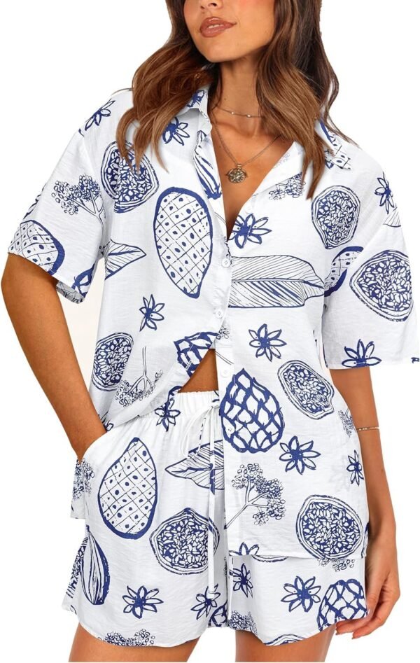 Womens 2 Piece Summer Beach Outfits Printed Short Sleeve Tops Lounge Shorts Casual Tracksuit Set