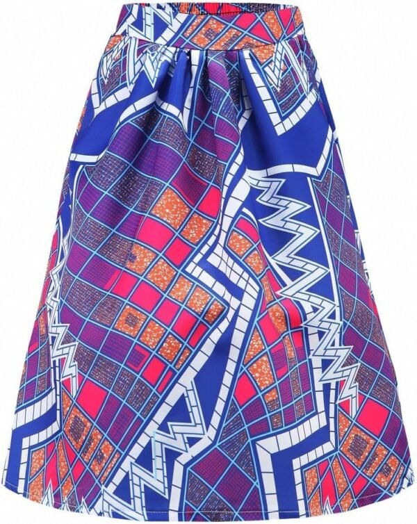 Womens African Print Skirt Boho Flare Pleated Midi Skirt with Pockets