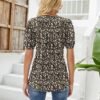 Womens V Neck Puff Short Sleeve Pleated T Shirts Fashion Summer Tops Casual Tunic Blouse, Floral Black, Medium